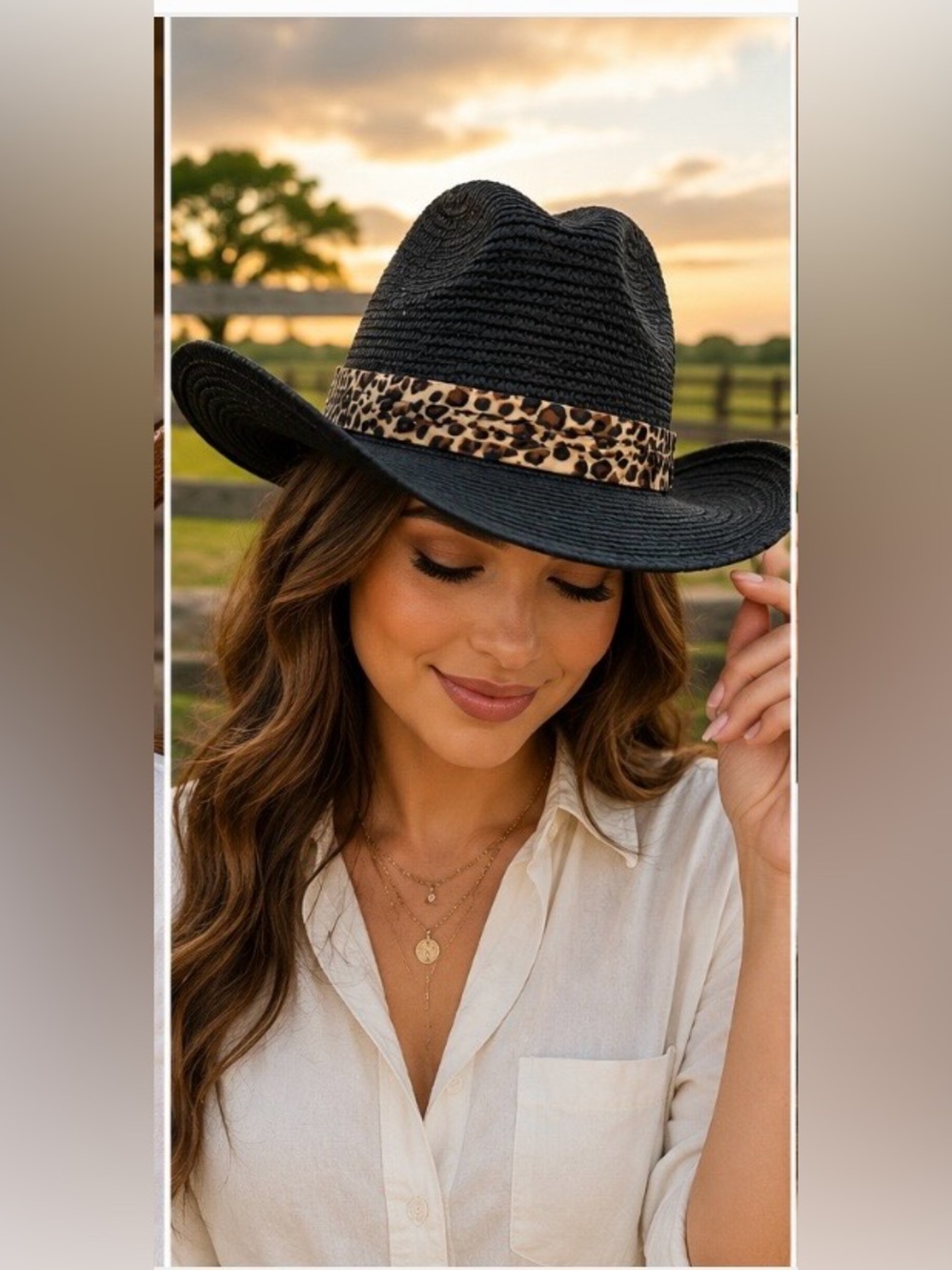 Black Straw Cowboy Hat with Leopard Band